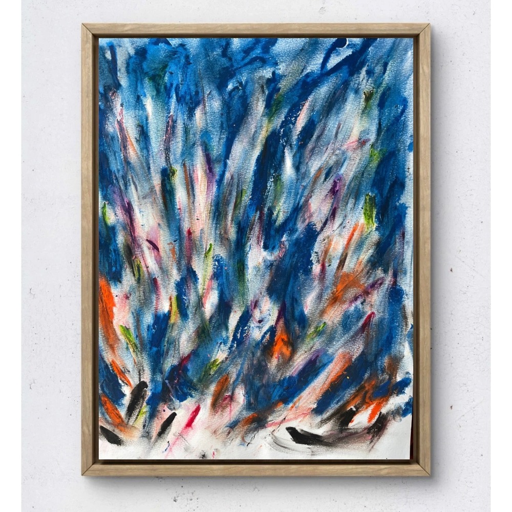Original Abstract Mixed Media Painting Blue Orange White 9x12 Modern Art